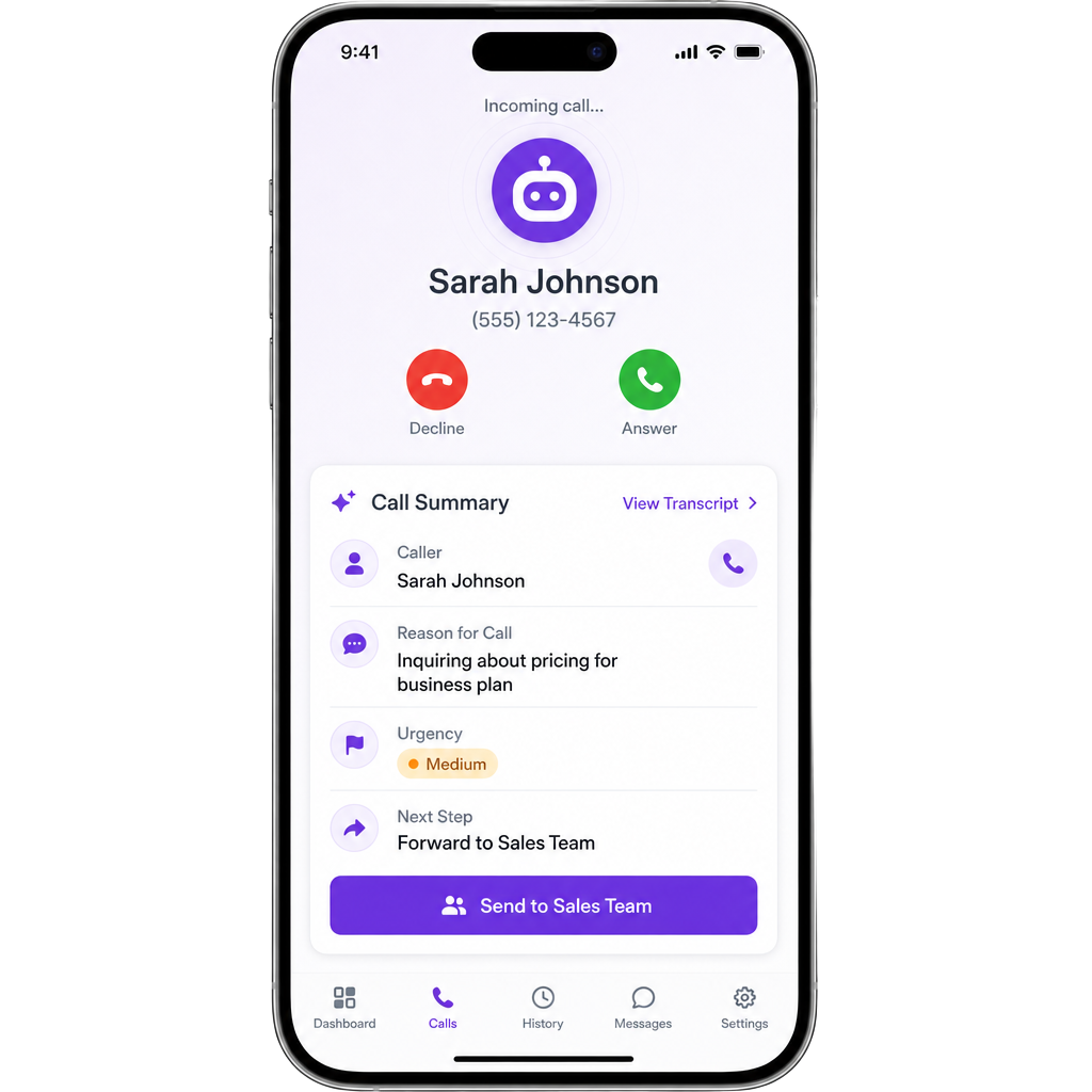 BizPhone app showing an incoming call and an AI-generated call summary